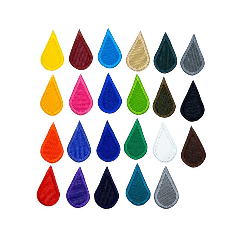 The image shows a collection of 23 embroidered patches shaped like water drops, arranged in rows and columns. Each drop is a different color, featuring yellow, red, blue, green, pink, brown, black, white, gray, and purple tones. The edges are finished with thread matching the background color. These simple and colorful patches are perfect for sewing, decoration, or craft projects. Size: 1.37 x 0,78 in/ 3.5 x 2 cm
