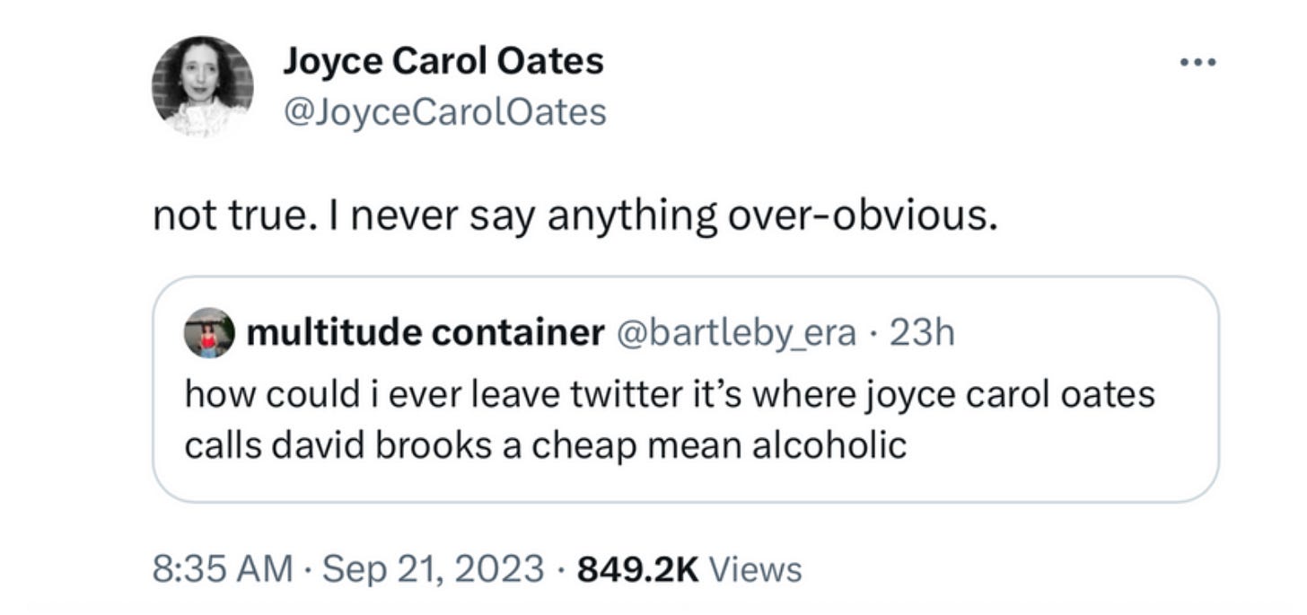Screenshot of a tweet from Joyce Carol Oates (@JoyceCarolOates) responding "not true. I never say anything over-obvious" to a quoted tweet about her calling David Brooks "a cheap mean alcoholic." The tweet shows 849.2K views and is dated September 21, 2023.