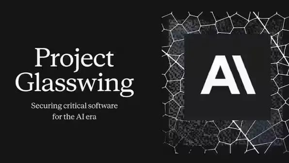 Official Project Glasswing announcement image with dark background showing a fragmented geometric pattern resembling a shattered surface or butterfly wing in dark blue tones on the right side. White text on the left reads "Project Glasswing" in large bold type with the subtitle "Securing critical software for the AI era." The Anthropic AI logo appears in white in the center-right area.