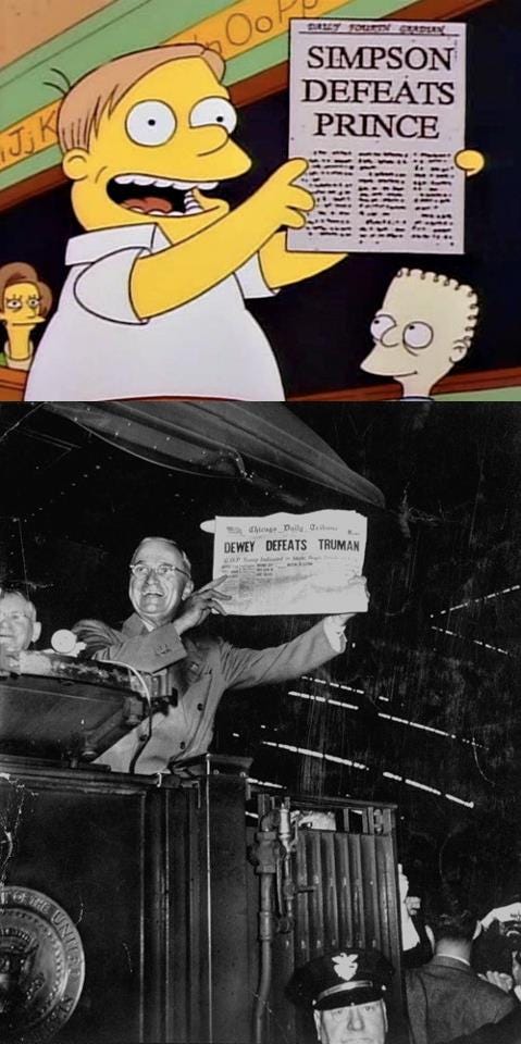 Nagłówek gazety głosi porażkę Harry'ego Trumana w wyborach prezydenckich. Okazało się, że faktycznie wygrał Truman właśnie.