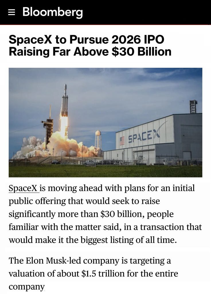 BREAKING: SpaceX is planning a 2026 IPO that could be the largest public  listing ever, targeting a valuation ~1.5 trillion dollars, as per Bloomberg.