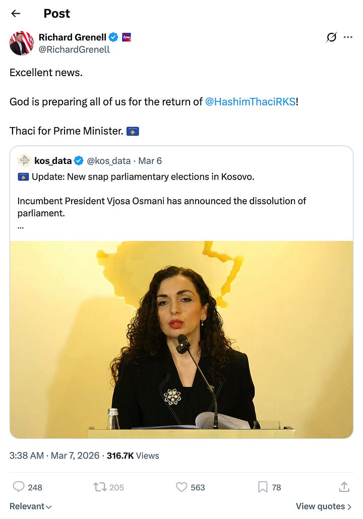 Pamje nga Postimi në X i Richard Grenell, 7 Mars, 2026.