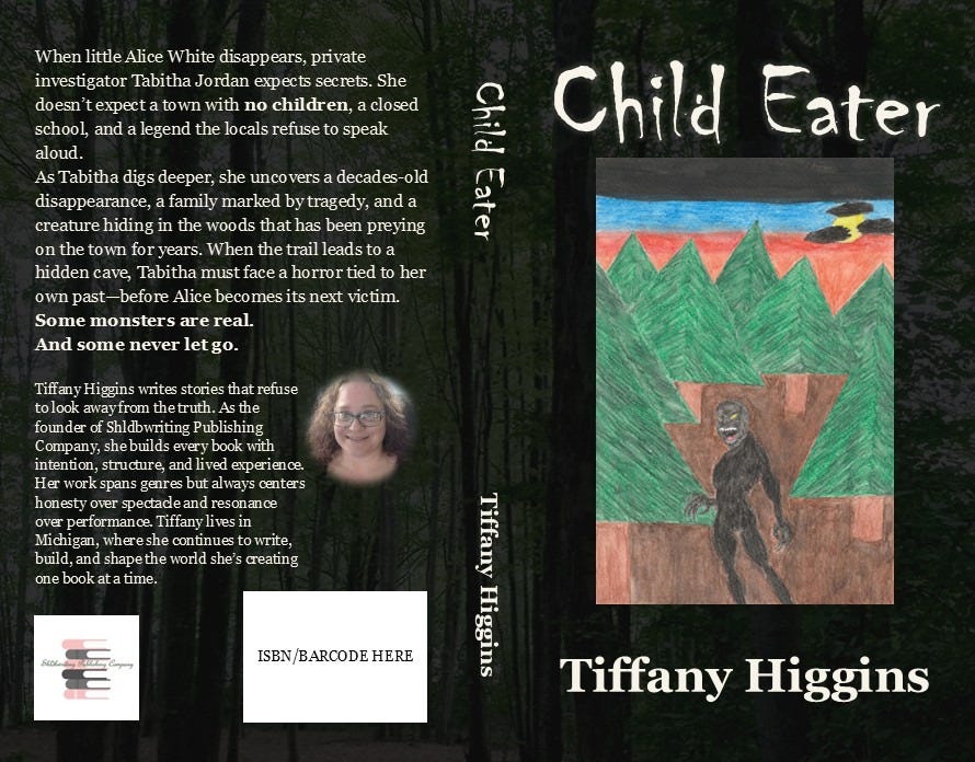 Mockup of the 2026 cover for the novel Child Eater by Tiffany Higgins. The front shows a dark creature with glowing eyes and sharp teeth standing in a forest under a red-orange sky. The spine and back include the title, author name, synopsis, author bio, imprint logo, and placeholder for ISBN. Mockup of the 2026 cover for the novel Child Eater by Tiffany Higgins. The front shows a dark creature with glowing eyes and sharp teeth standing in a forest under a red-orange sky. The spine and back include the title, author name, synopsis, author bio, imprint logo, and placeholder for ISBN.