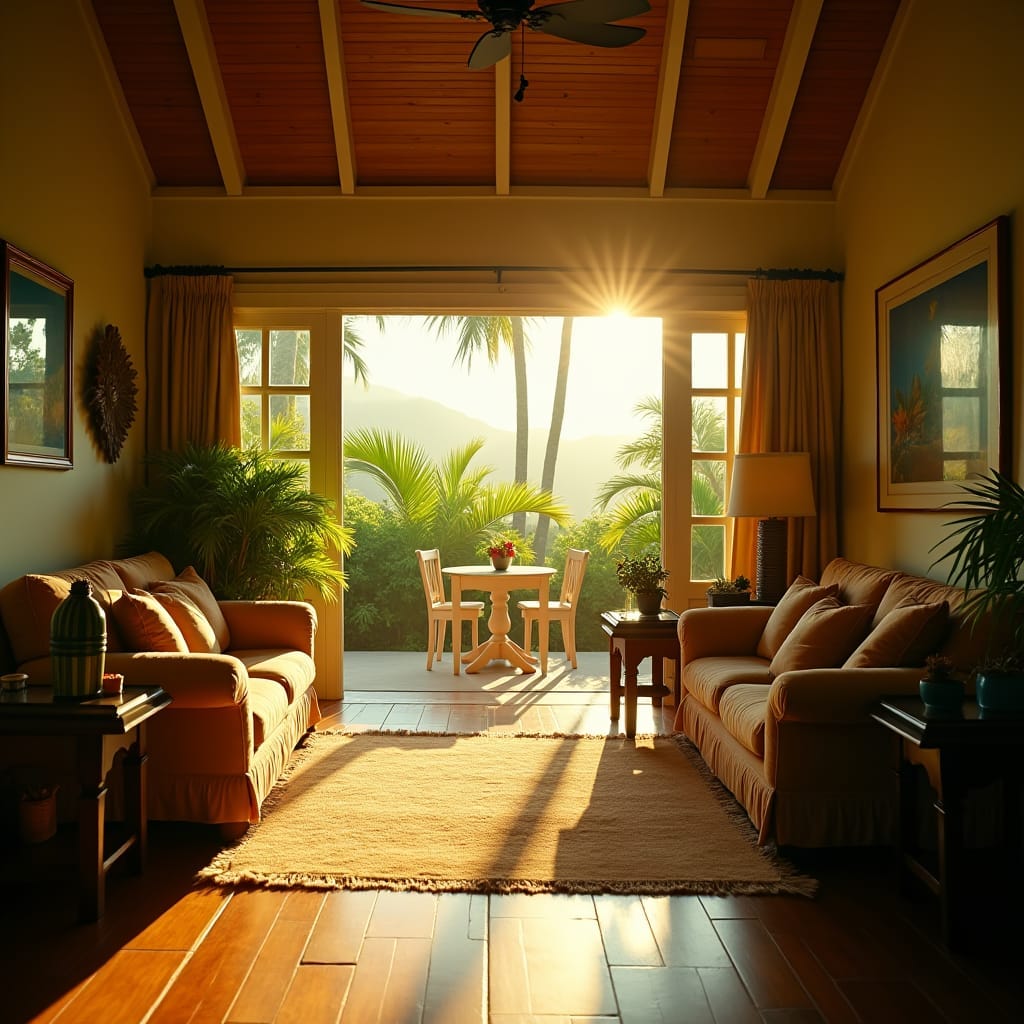 A beautifully dressed woman in a vibrant sundress, standing in the doorway of a stunning modern Jamaican home, looking out at the breathtaking Caribbean landscape, as she prepares to checkout of her vacation rental, surrounded by lush greenery and colorful tropical flowers, with a warm golden light spilling in through the doorway, casting a romantic glow on the scene.