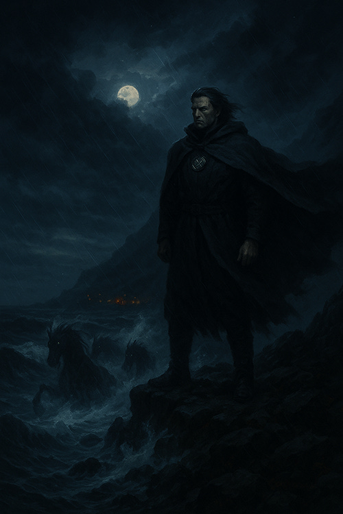 A dramatic digital painting depicts Cael standing on a rocky shoreline beneath a stormy night sky. The full moon glows faintly through clouds, casting pale light over the dark waves. Cael’s cloak billows in the wind, his face stern and shadowed, his medallion faintly visible against his chest. In the crashing surf below, dark kelpies with glowing eyes emerge from the sea, their manes wild as the waves churn around them. Far in the distance, the faint orange glow of burning fires flickers along the coast, hinting at destruction or village raids. The atmosphere is one of menace, betrayal, and foreboding power, as if Cael himself has become bound to the darkness he once opposed.