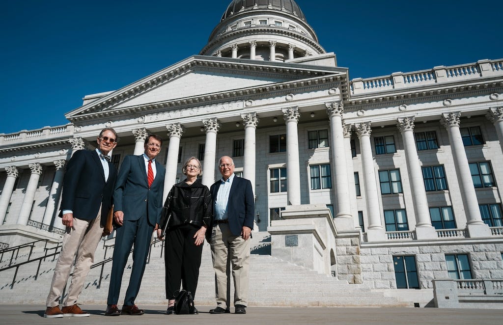 (Bethany Baker  |  The Salt Lake Tribune) Jim McConkie, left, Brent Ward, Christine Durham and Richard Lambert gather in front of the Utah Capitol on Thursday, Oct. 3, 2024, to announce "Latter-day Saints Opposed to Trump," an online petition calling on all church members to oppose Donald Trump.