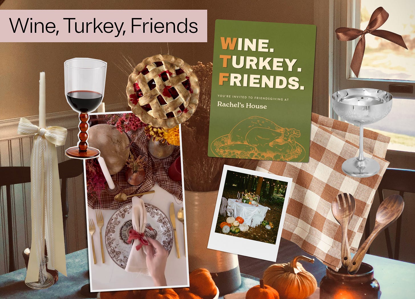 A collage showing a Wine, Turkey, Friends party invitation and items needed to host the cozy party
