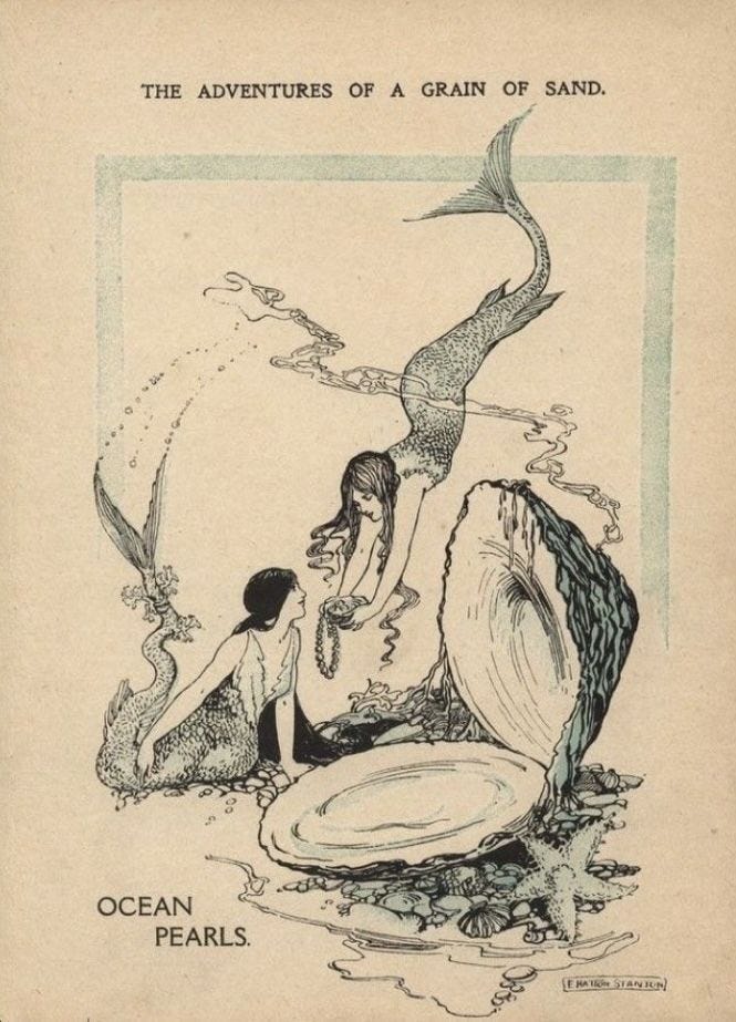 This may contain: an old book with mermaids swimming in the water and two people sitting on rocks