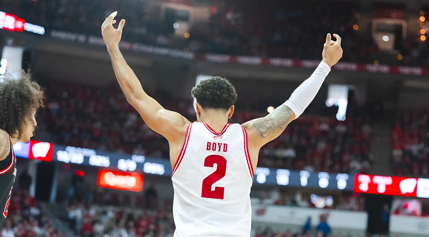 Wisconsin Badgers guard Nick Boyd pumps up the crowd at the Kohl Center.