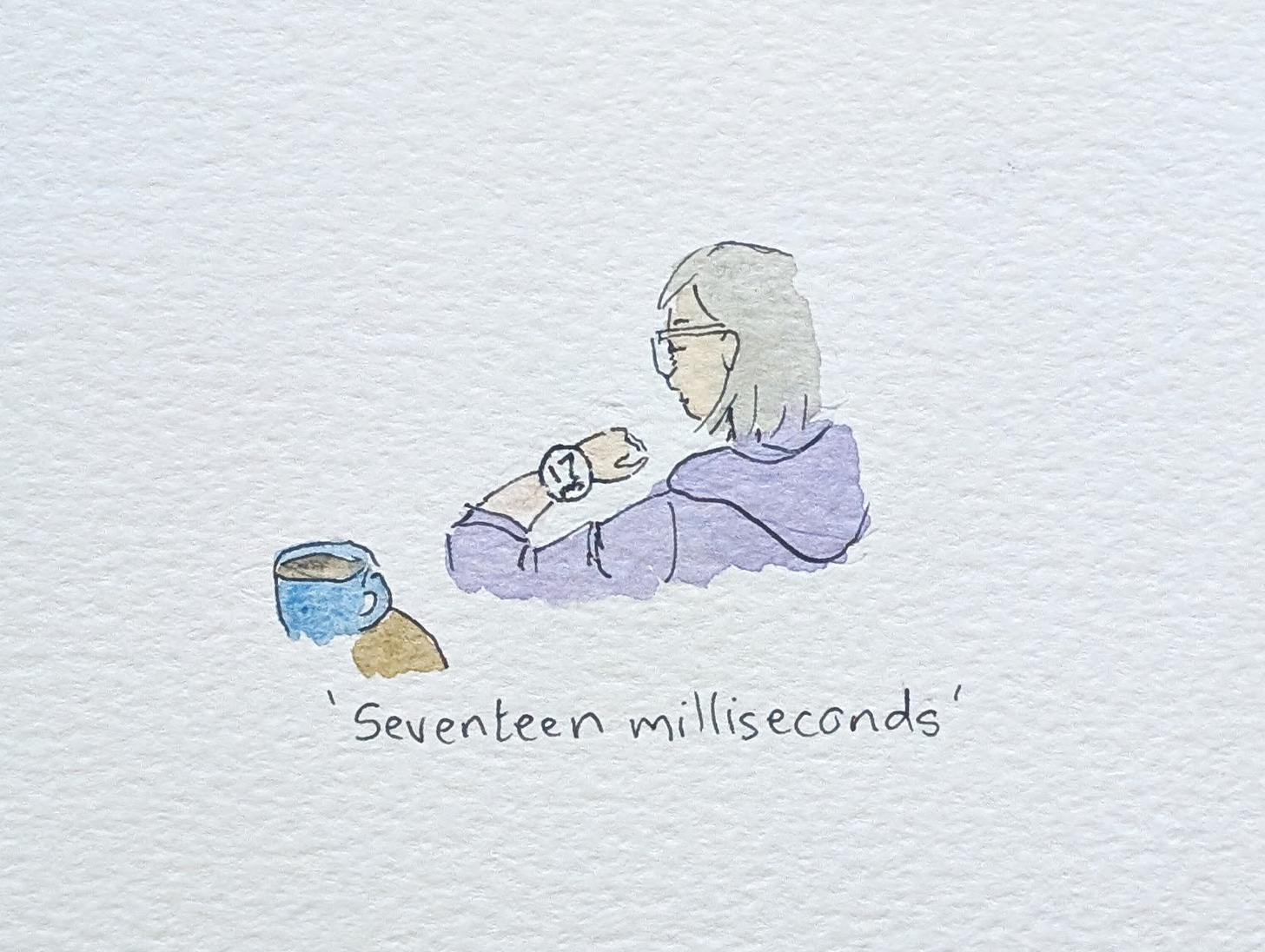 A gentle watercolour illustration of a woman quietly looking at her smartwatch reading “17 ms”, with a cup of coffee beside her, capturing a moment of reflection.