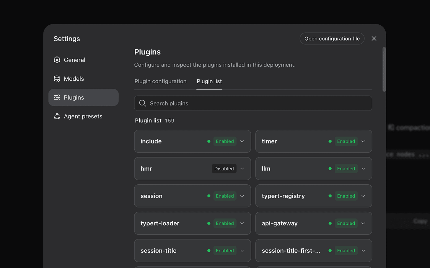 DeepSeek Harness settings showing installed plugins and their status
