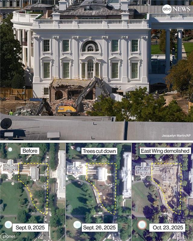 Aerial view of the White House with construction equipment including excavators and debris piles visible on the East Wing area surrounded by trees and grounds. Inset images show satellite comparisons over time: initial view on September 9 2025 with full trees and garden; September 26 2025 with trees removed; October 23 2025 with East Wing demolished and outlined in yellow. ABC News watermark present on main image.