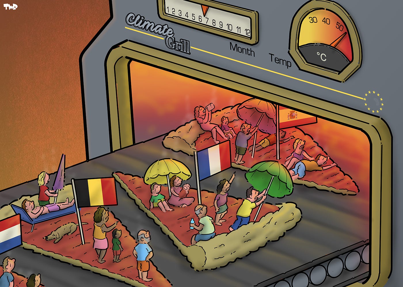 Cartoon showing a large, open grill with a conveyor belt guiding slices of pizza into it. The open grill looks like a face with a yawning mouth, glowing red. The 'eyes' of the grill are gauges, one showing the month of the year (June), the other showing the temperature (50°C). A label reads 'Climate grill'. The pizza slices have the flags of Spain, France, Belgium and the Netherlands in them. Spain is already under the grill, and the other countries are already felling the heat as they move closer. People standing on the pizza slices are cowering under parasols to try and protect themselves.