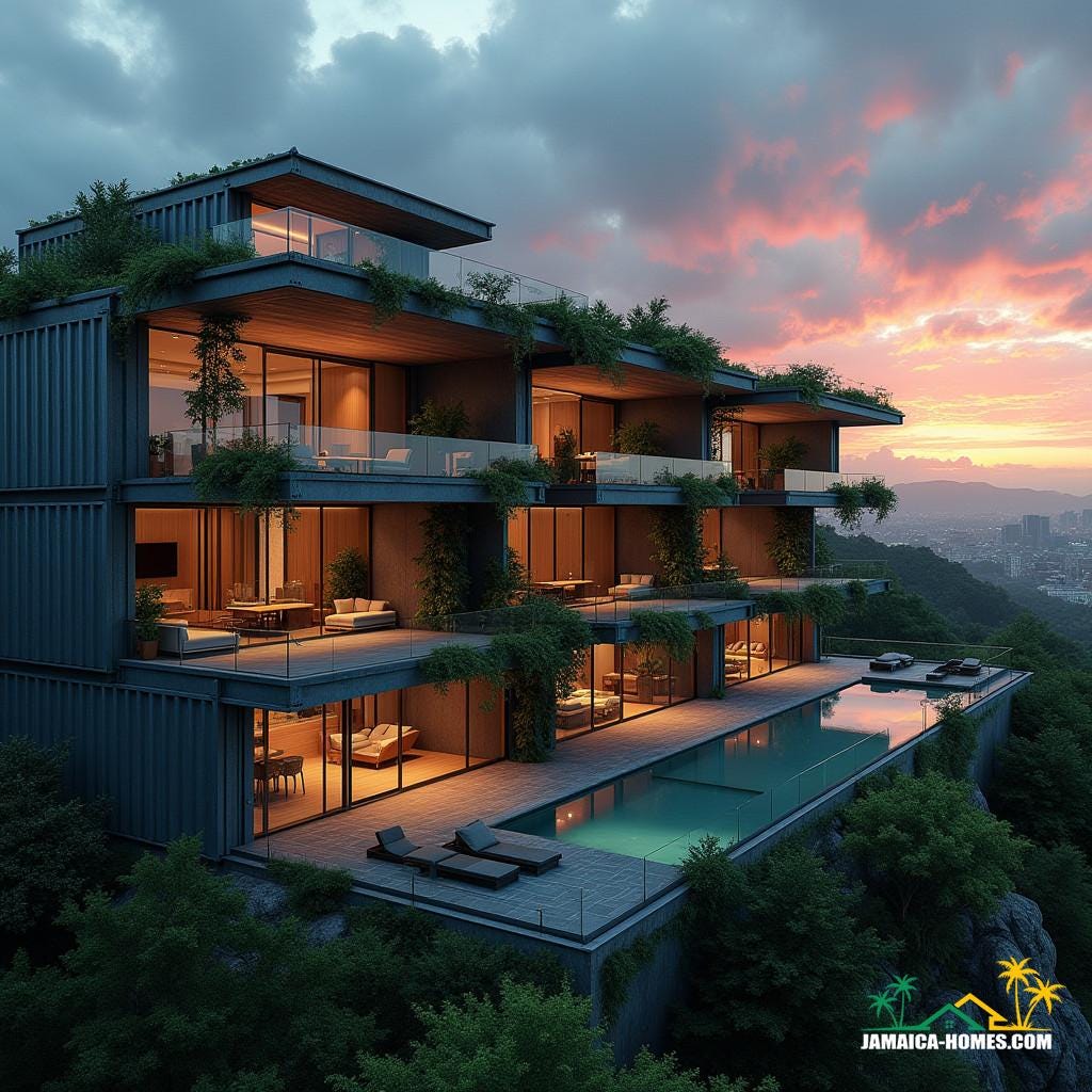 A luxurious, high-tech container module mansion with industrial chic and modern elegance, comprising four interconnected modules, spacious living area with protruding glass bay windows