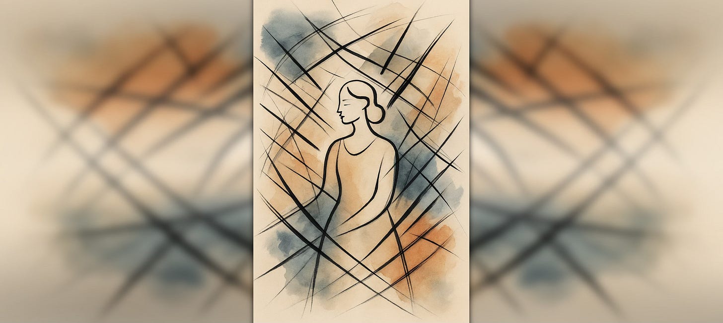 Illustration titled Taxable Woman, showing a simple line drawing of a woman surrounded by intersecting lines, in muted tones of blue, peach, and black.