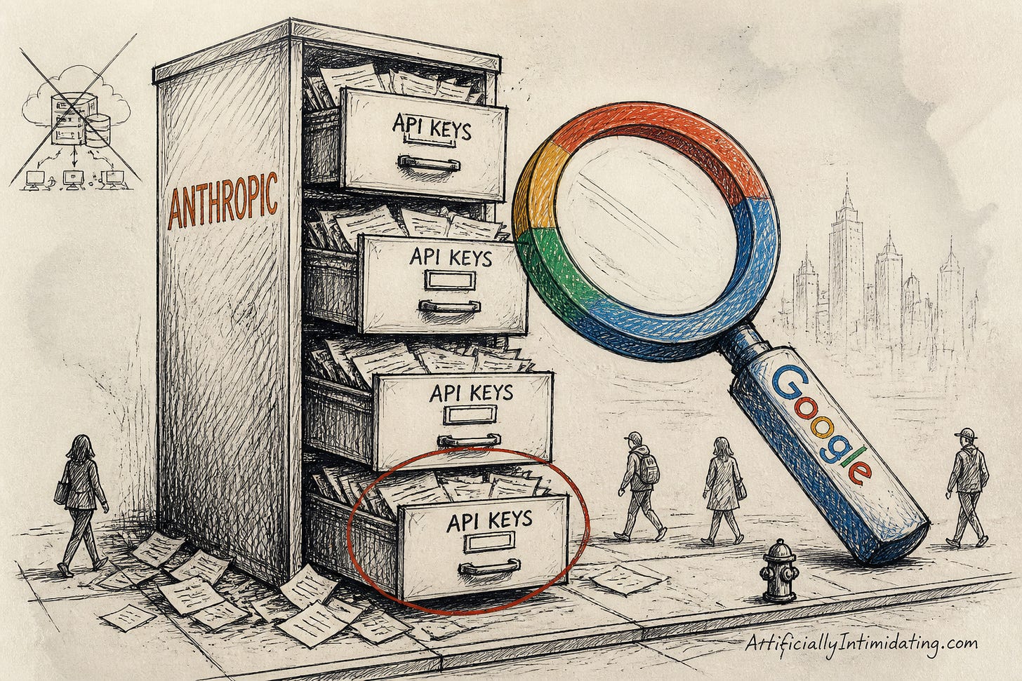 Editorial cartoon: an Anthropic filing cabinet with drawers of API keys open on a public sidewalk while a giant Google magnifying glass reads them Editorial cartoon: an Anthropic filing cabinet with drawers of API keys open on a public sidewalk while a giant Google magnifying glass reads them