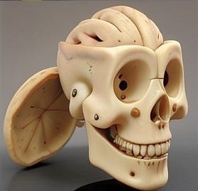 Image of a 3D model of a human skull with a walnut like brain and a funny expression.