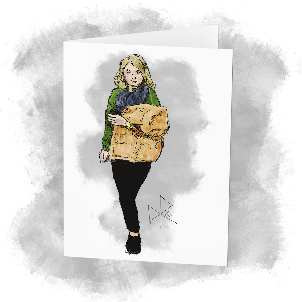 A woman walking in the mall with her parka folded over her arm and her phone in her hand. Sketch art by Don Rice. A woman walking in the mall with her parka folded over her arm and her phone in her hand. Sketch art by Don Rice.