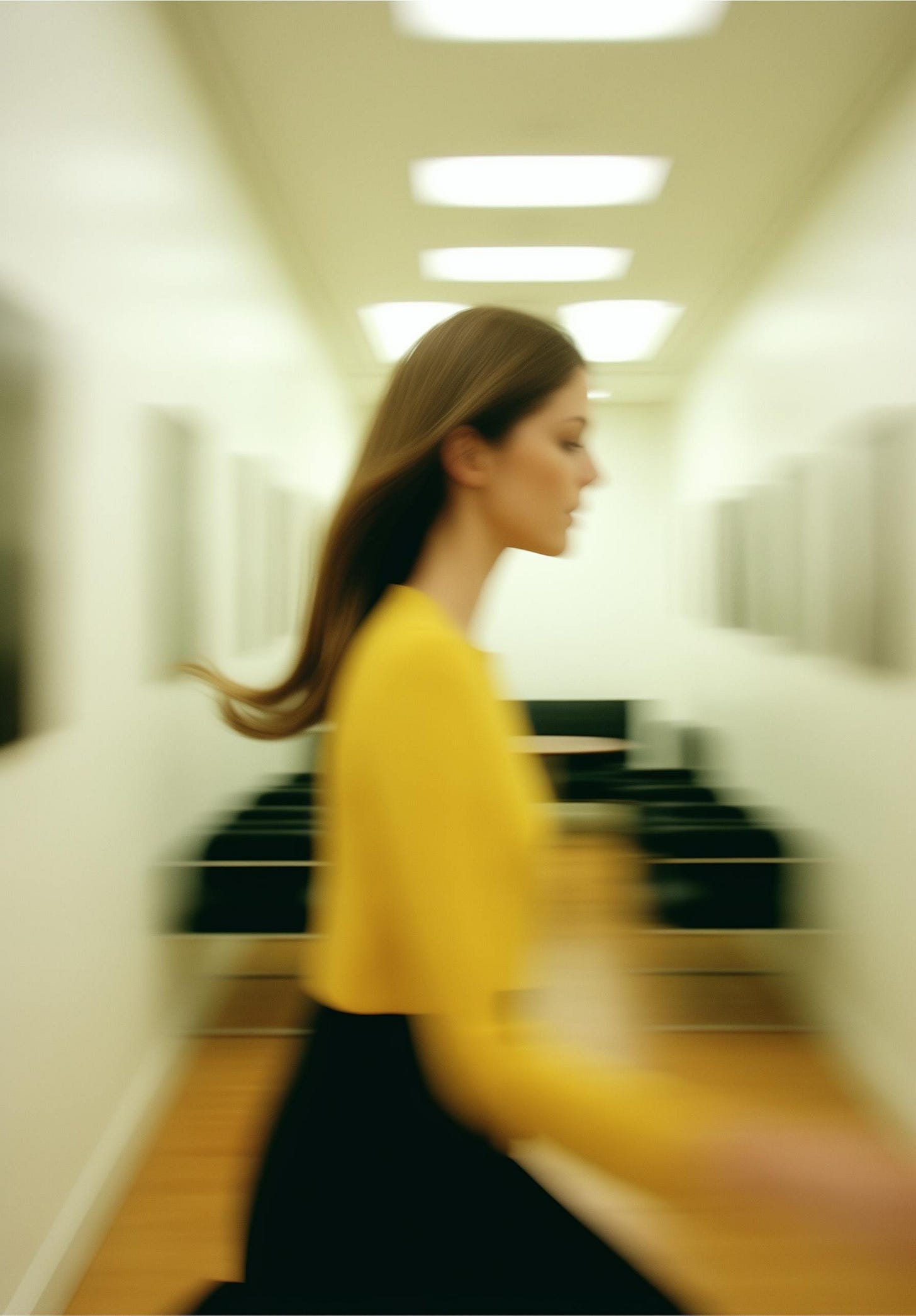 Blurry image of a woman with long hair and a yellow shirt walking through a gallery.
