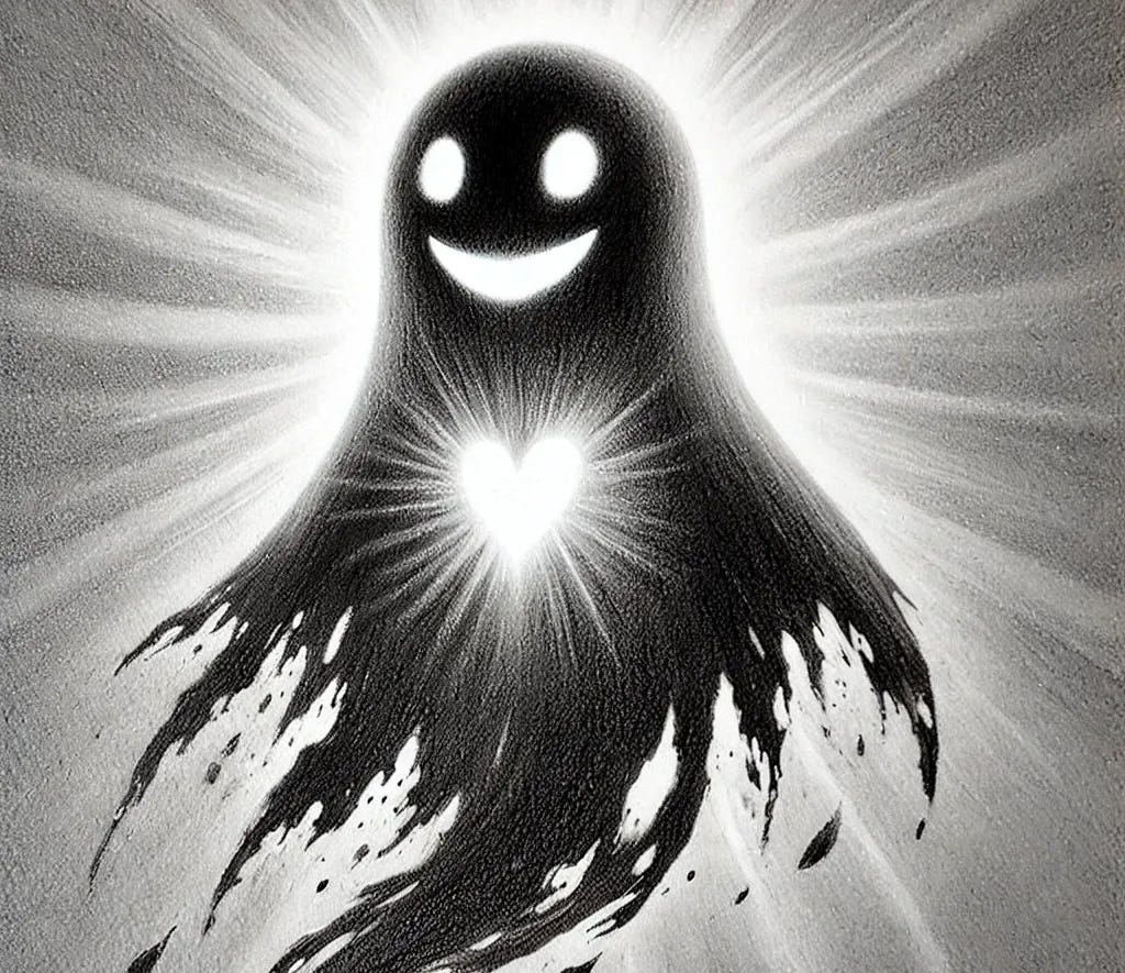 A black and white pencil drawing of a ghost that was once dark and scary but is now becoming friendly as it is healed by sunlight. The ghost’s form softens as the light touches it, transforming its hollow, haunting eyes into gentle, kind ones. Its tattered, shadowy edges fade into a more peaceful and welcoming shape. A heart appears on the ghost’s chest, symbolizing its transformation and newfound warmth. The sunlight creates a warm, ethereal glow, emphasizing the transition from eerie to friendly. The background remains subtle, enhancing the contrast between darkness and light while maintaining a mystical, heartwarming atmosphere.