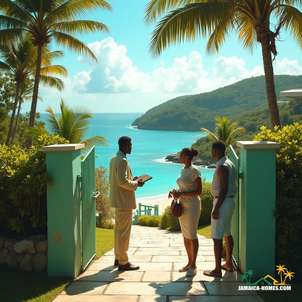 A stylish Jamaican realtor, smartly dressed in a crisp outfit, stands with two interested buyers in front of a freshly painted gate, surrounded by vibrant tropical landscaping, viewing a well-maintained villa on a sunny coastal hillside, overlooking turquoise Caribbean waters, with lush green hills and distant villas, in a cinematic film still style, with bright natural lighting, realistic details, and a clean contemporary aesthetic, reminiscent of the works of Andreas Gursky, Steve McCurry, and National Geographic photographers, with a 35mm film grain, subtle vignette, and cinematic color grading.