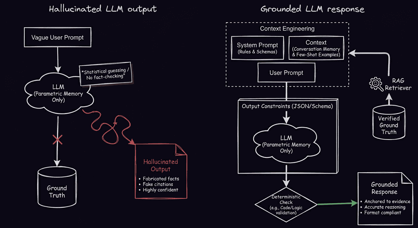 Flowchart comparing hallucinated LLM output versus grounded LLM responses using context engineering, RAG retrieval, and deterministic validation checks. Flowchart comparing hallucinated LLM output versus grounded LLM responses using context engineering, RAG retrieval, and deterministic validation checks.