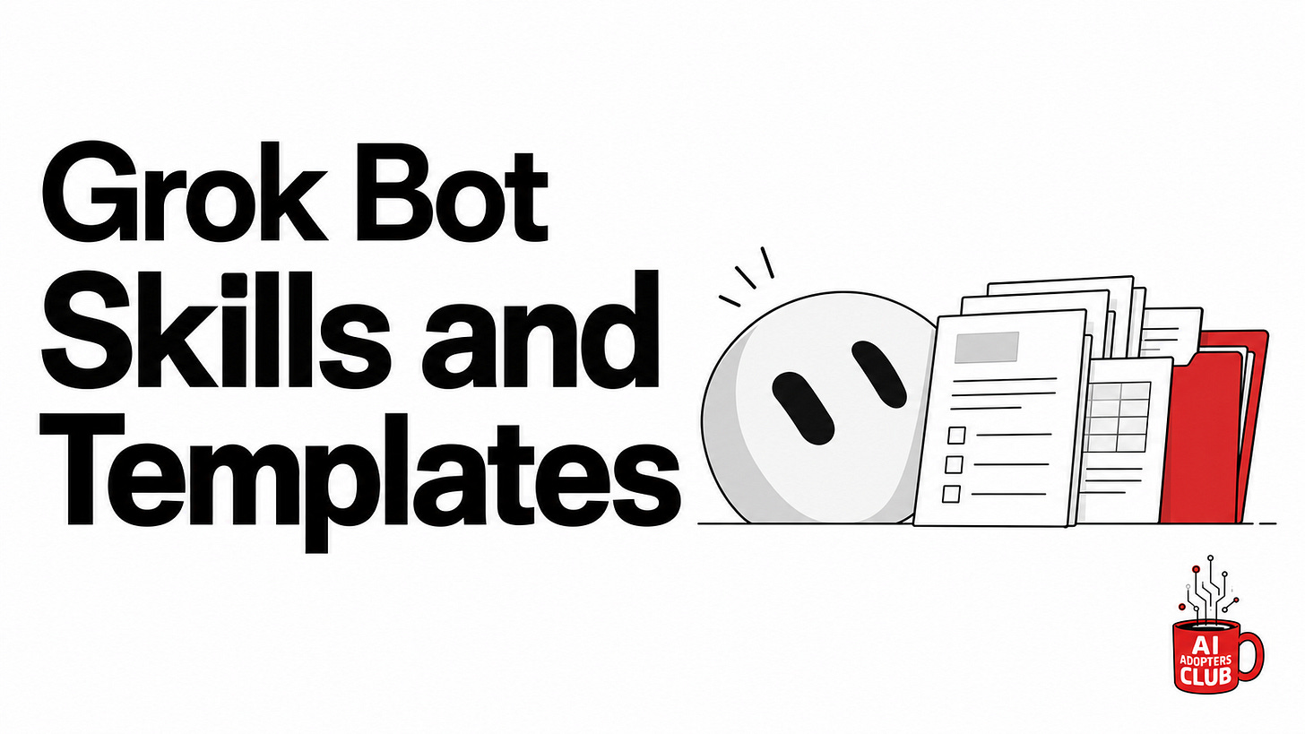 Grok Bot Skills and Templates, with a fine-line Grok Bot head, reusable paper templates and a red folder in AIAC colours. Grok Bot Skills and Templates, with a fine-line Grok Bot head, reusable paper templates and a red folder in AIAC colours.