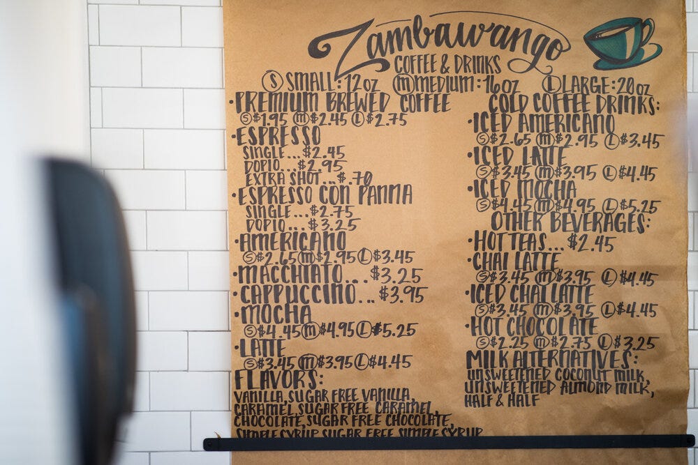 A fairly large selection of coffee options at Zambawango. A fairly large selection of coffee options at Zambawango.