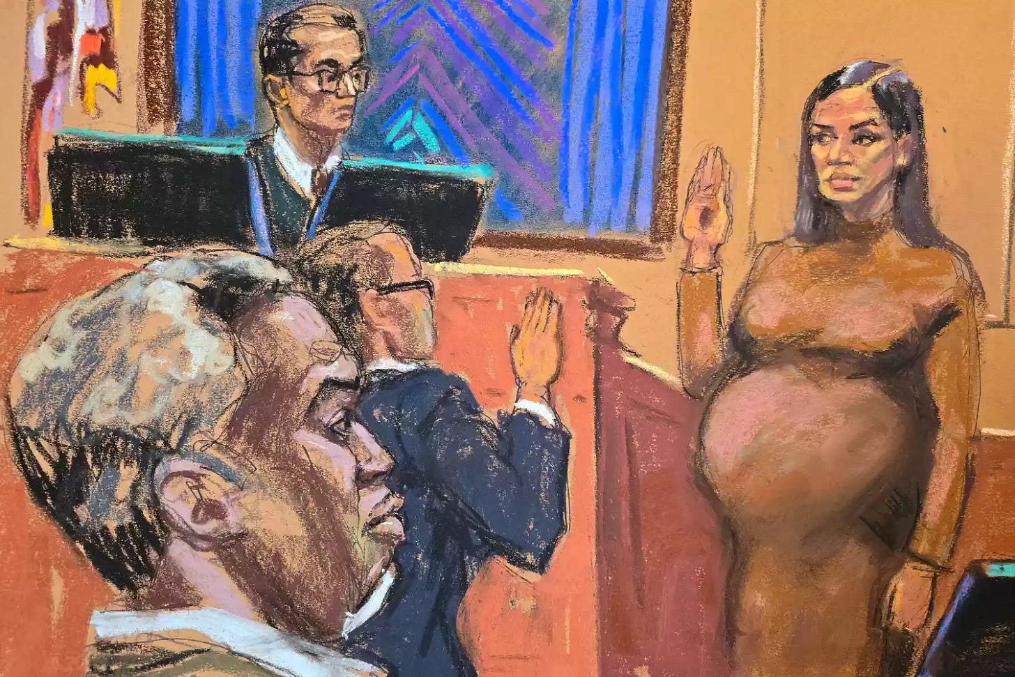 Sean "Diddy" Combs watches as his former girlfriend Casandra "Cassie" Ventura is sworn in as a prosecution witness before U.S. District Judge Arun Subramanian at Combs' sex trafficking trial in New York City, New York, U.S., May 13, 2025 in this courtroom sketch.