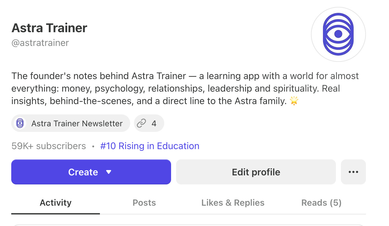 The Astra Trainer Substack profile page showing fifty nine thousand subscribers and the number ten Rising in Education badge.