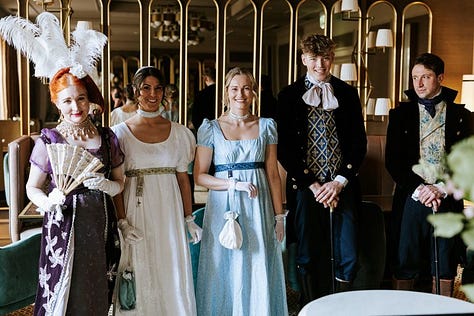 Models in regency dress enjoy the accomodations at the Gainsborough Bath Spa, high tea, a chat beside the spa, a walk through Bath, lounging on a shady Georgian stoop, a stroll through the city, a countryside walk, a visit to the Royal Crescent, and a drink at the Gainsborough bar