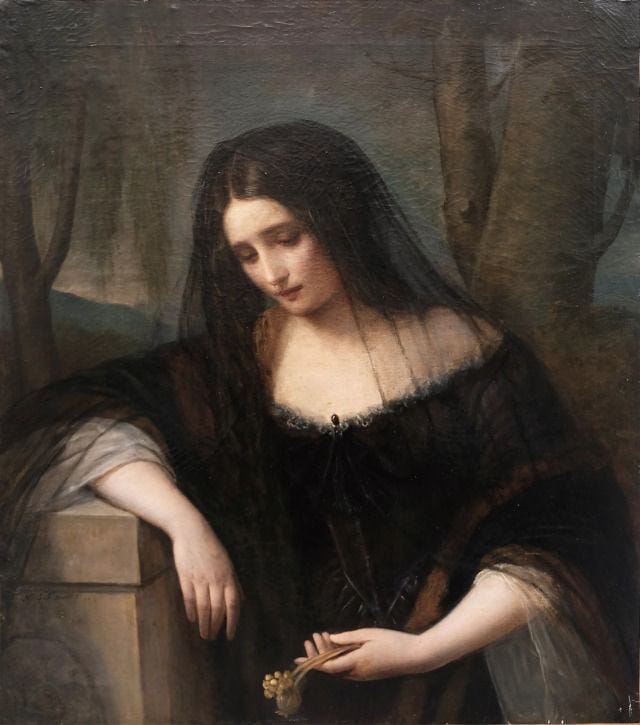This may contain: a painting of a woman with long black hair holding a flower in her right hand