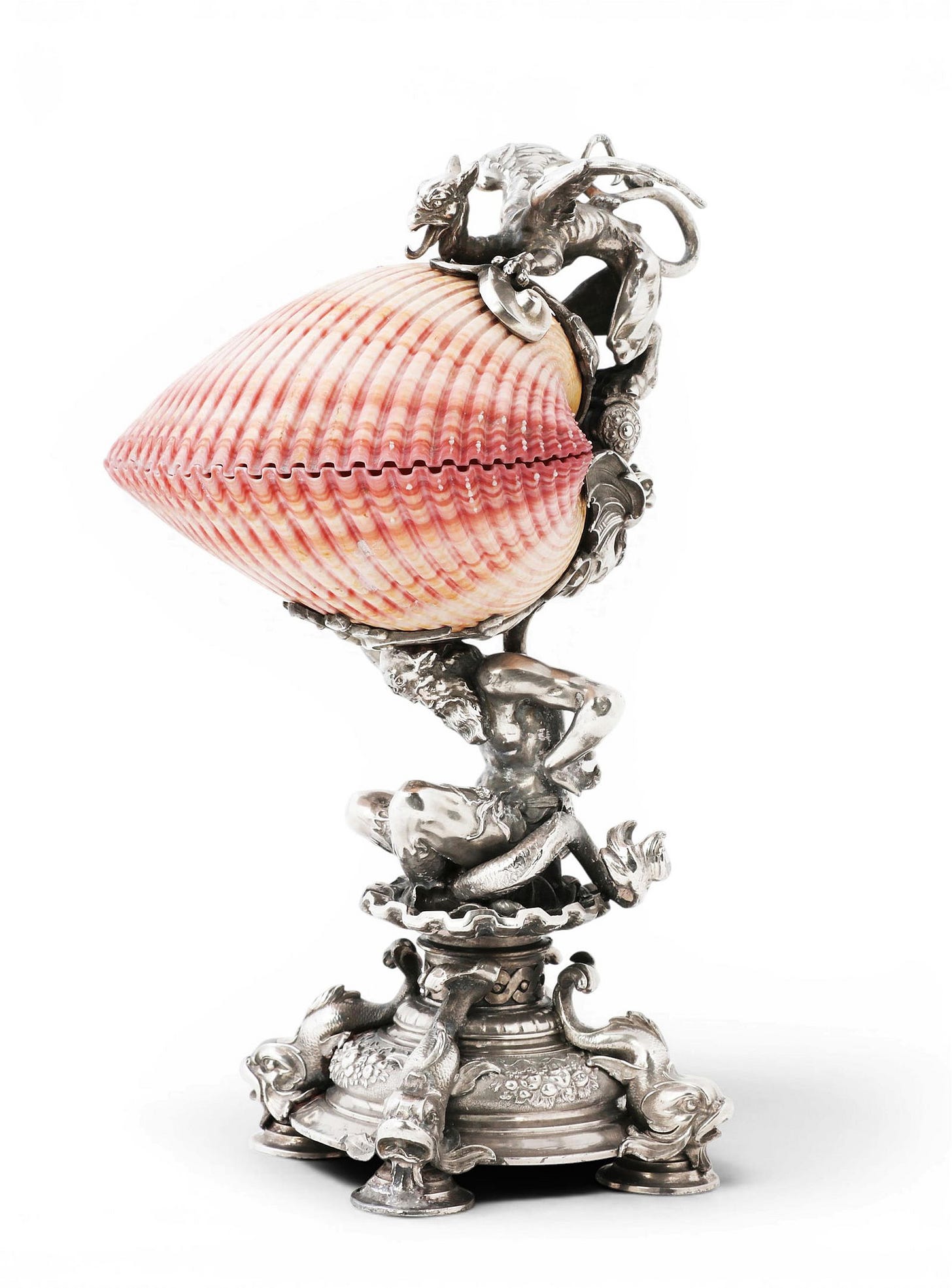 A German Renaissance style pewter and shell figural table box, Ludwig Lichtinger, Munich