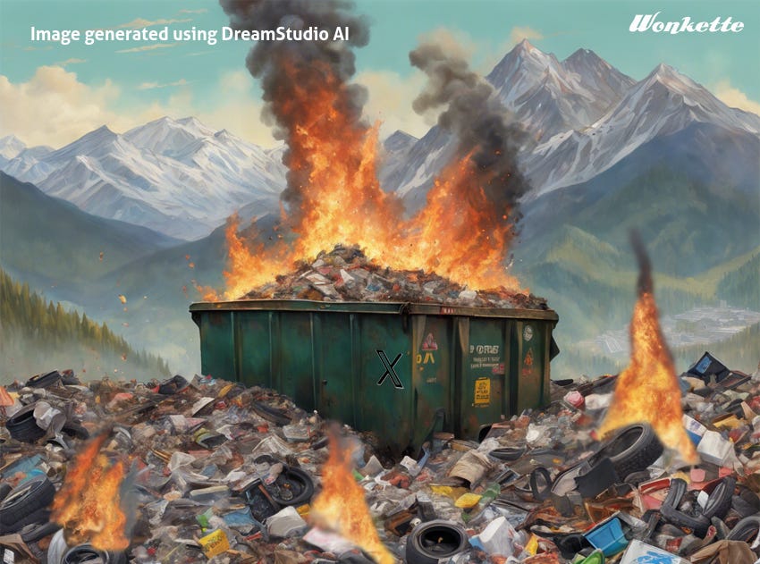 AI generated image of a dumpster fire in the middle of a burning garbage dump, with impressive mountains in the distance. AI generated image of a dumpster fire in the middle of a burning garbage dump, with impressive mountains in the distance.