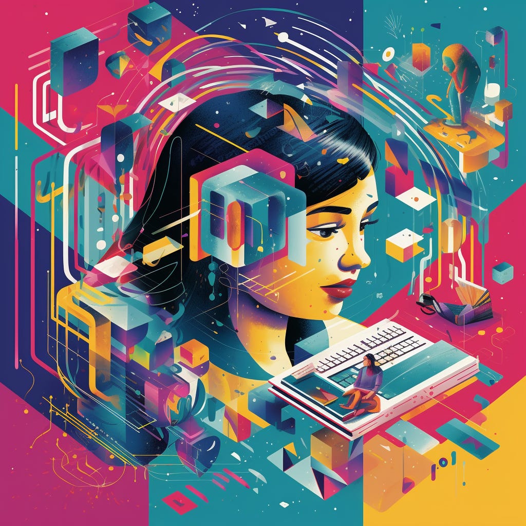 Colorful illustration of a woman's face in the middle with shapes of technological advancements surrounding her. Generated by Midjourney.