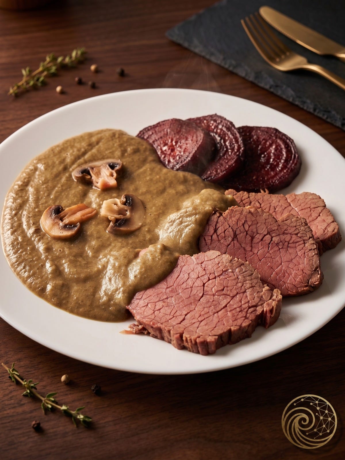 Sliced tender boiled beef served with a rich creamy mushroom butter sauce and roasted beetroot on a white ceramic plate.