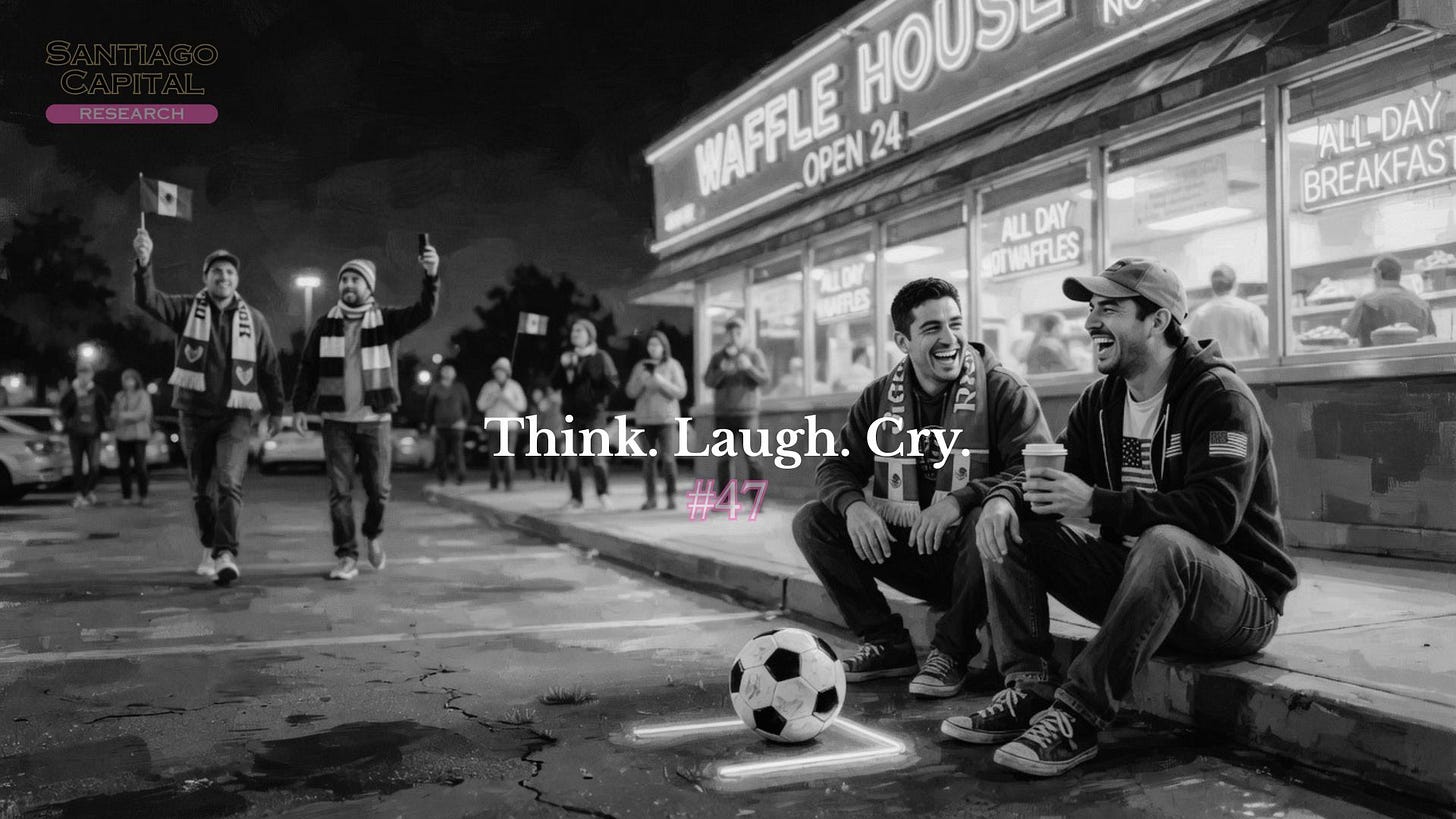 Soccer fans laughing outside Waffle House at night with Think Laugh Cry text