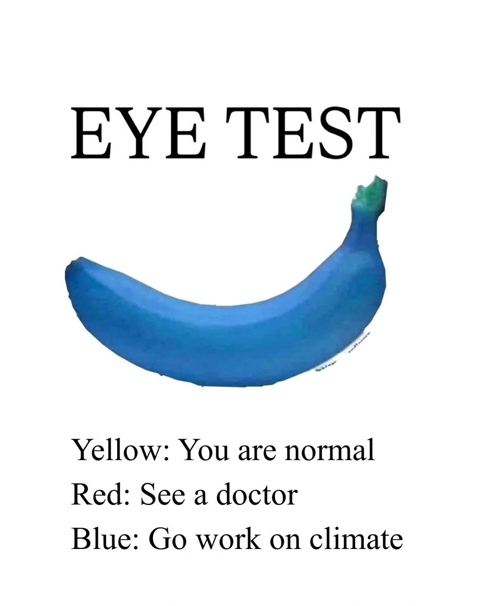 A mock eye test. Under the heading "EYE TEST" is a blue banana, with the key: "Yellow: You are normal. Red: See a doctor. Blue: Go work on climate."