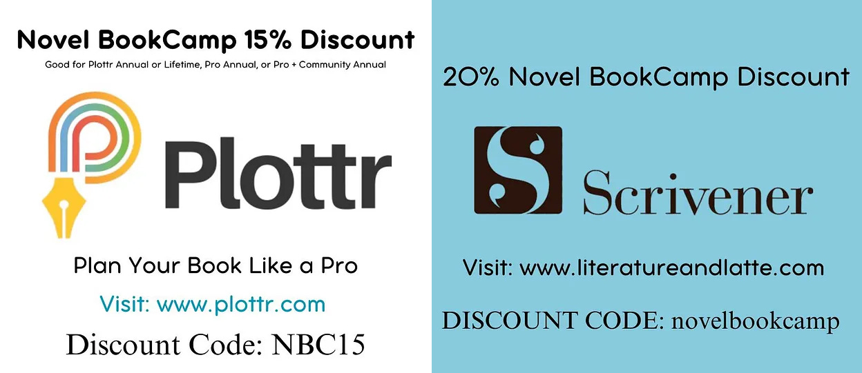 Plottr 15% Discount code: NBC15; Scrivener 20% Discount Code: novelbookcamp