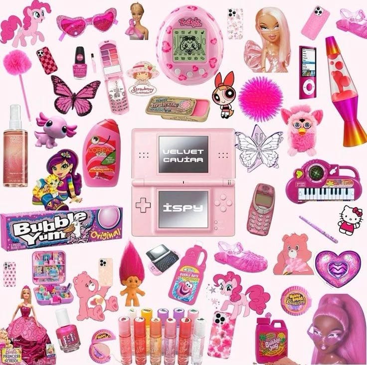 This may contain: there are many different toys and items on this page, including a pink toy machine