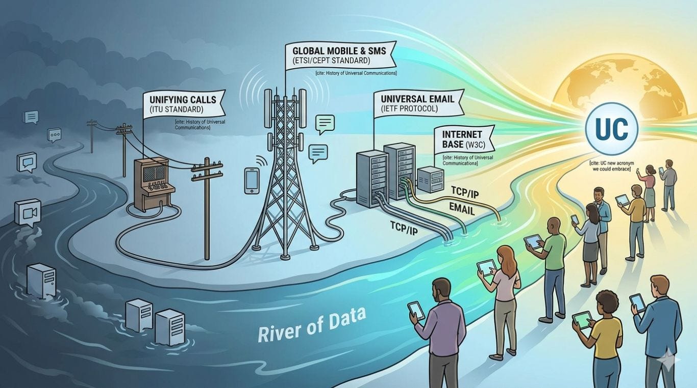A conceptual timeline illustration showing the evolution of communication. On the left, older technologies like telegraph poles and early telephone switchboards sit on the bank of a "River of Data." Moving right, a large cell tower labeled "GLOBAL MOBILE & SMS" and server racks labeled "UNIVERSAL EMAIL" connect into the river. The data streams flow towards a bright sunrise on the right, illuminating a globe and a glowing "UC" symbol, representing the future of unified communication. A conceptual timeline illustration showing the evolution of communication. On the left, older technologies like telegraph poles and early telephone switchboards sit on the bank of a "River of Data." Moving right, a large cell tower labeled "GLOBAL MOBILE & SMS" and server racks labeled "UNIVERSAL EMAIL" connect into the river. The data streams flow towards a bright sunrise on the right, illuminating a globe and a glowing "UC" symbol, representing the future of unified communication.