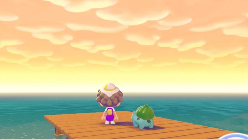 A ditto disguised as a human looks across the ocean with a Bulbasaur by their side