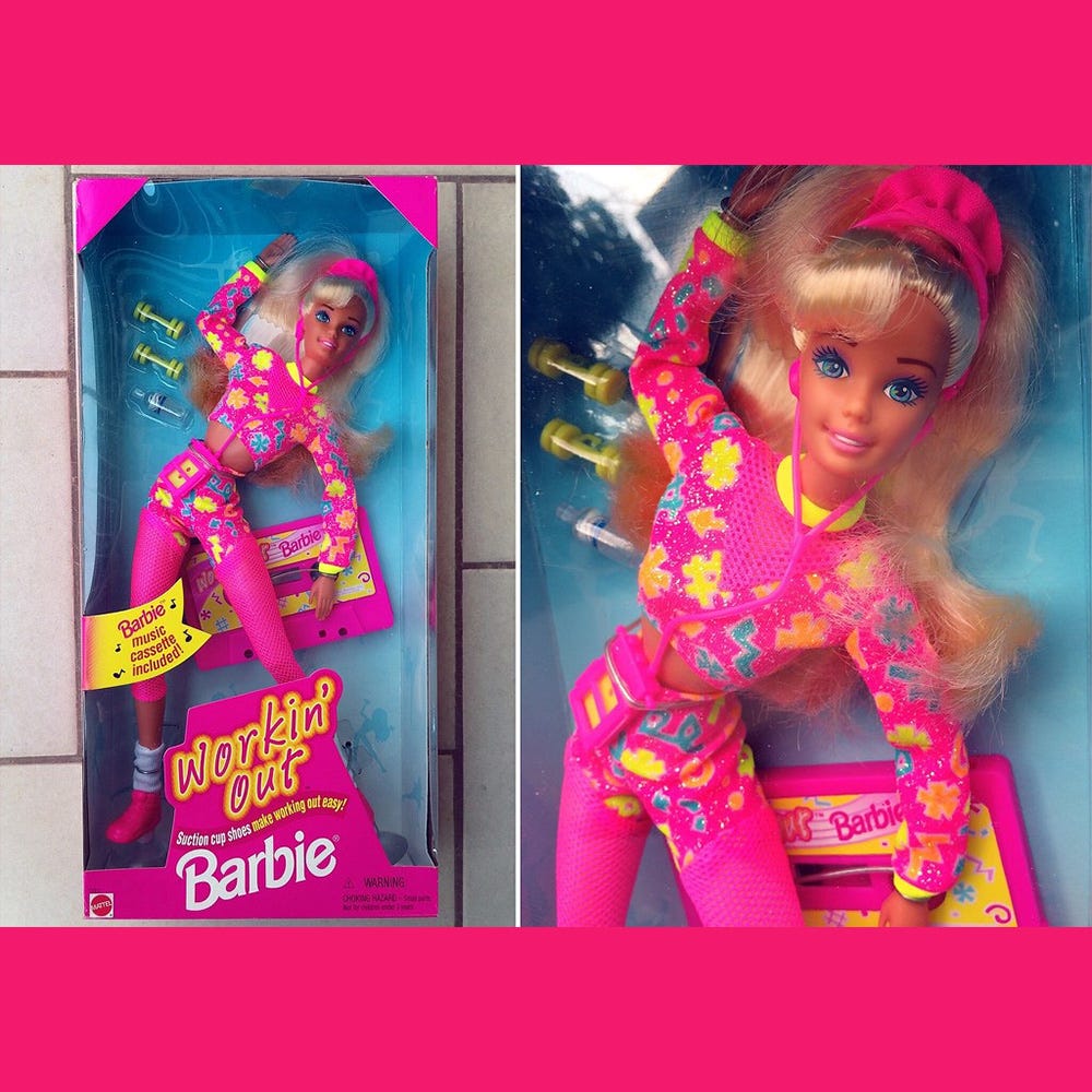 Workin’ Out Barbie with a pink and fluorescent yellow workout outfit, headphones, and cassette player. 