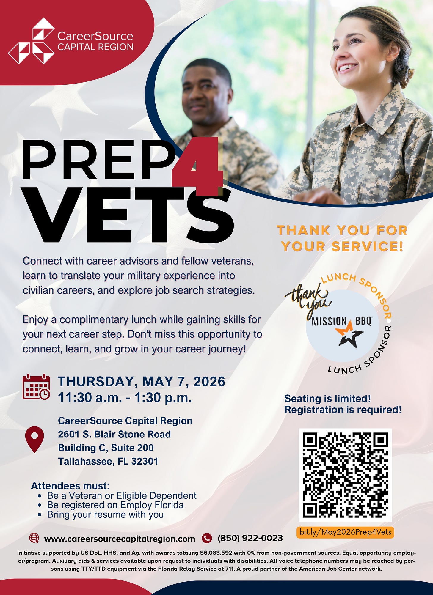 A promotional flyer for CareerSource Capital Region titled “PREP 4 VETS,” featuring a smiling woman and a man in military camouflage uniforms in a bright office setting with a faint American flag background. The flyer says “THANK YOU FOR YOUR SERVICE!” and invites veterans to connect with career advisors, translate military experience to civilian careers, and learn job-search strategies, with a complimentary lunch. It lists the event date and time as Thursday, May 7, 2026, 11:30 a.m.–1:30 p.m., at CareerSource Capital Region, 2601 S. Blair Stone Road, Building C, Suite 200, Tallahassee, FL 32301, notes seating is limited and registration is required, includes a QR code and the link bit.ly/May2026Prep4Vets, and shows a lunch sponsor badge for Mission BBQ.