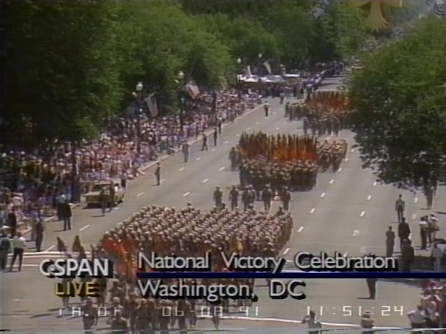 VIDEO: (June 8, 1991) National Victory Celebration in Washington, DC marking the victory of the Persian Gulf War https://t.co/jc3rV6HyAY VIDEO: (June 8, 1991) National Victory Celebration in Washington, DC marking the victory of the Persian Gulf War https://t.co/jc3rV6HyAY