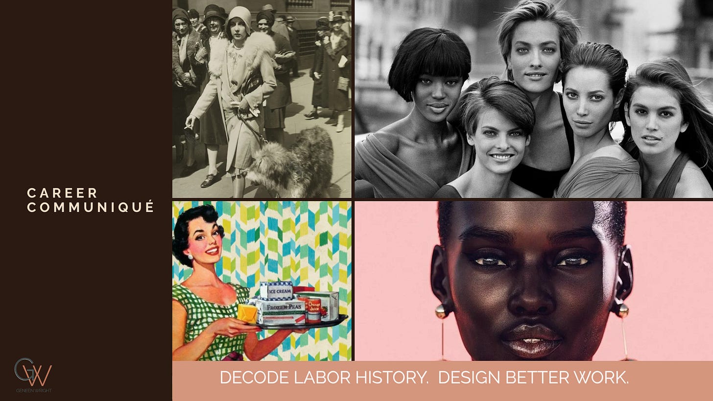 A four-panel progression showing the evolution of manufactured aspiration from 1929 to the present: a woman on Fifth Avenue during the Torches of Freedom campaign, the 1990s supermodel as cultural ideal and commercial vehicle, a 1950s domestic advertisement presenting the housewife as aspirational figure, and Shudu Gram, a computer-generated model whose image was built and owned by someone who would never inhabit it. Each panel represents a different era of the same machine.