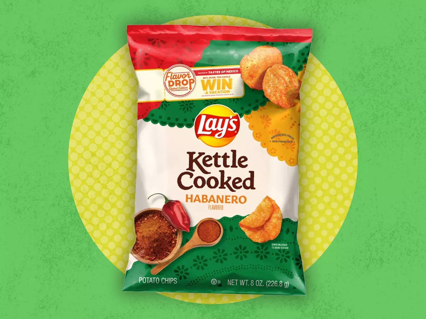 Habanero Kettle Cooked Lays chips bag on a green background 