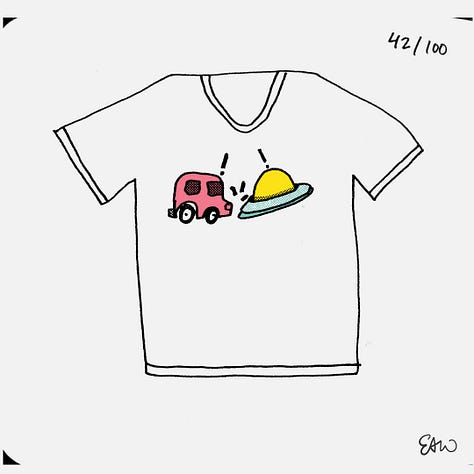 Thumbnail sktches of t-shirt concepts coloured in a limited palette