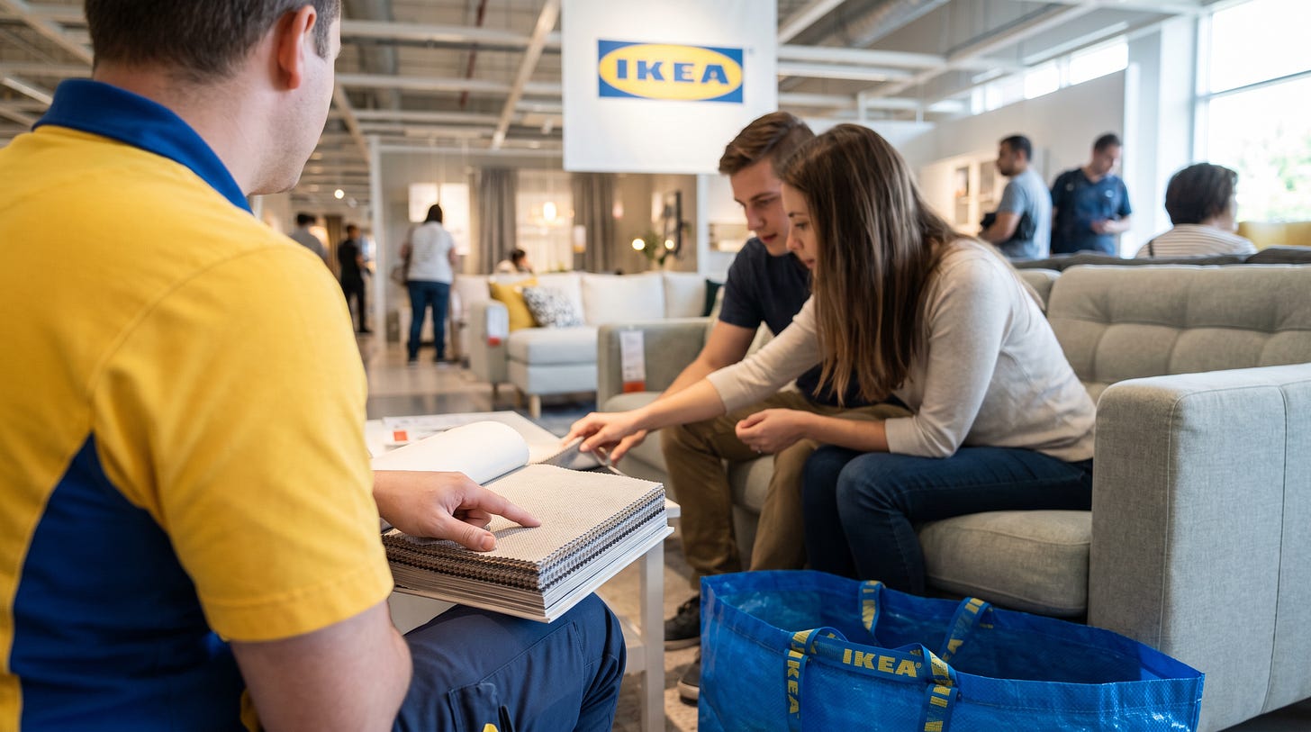 Een IKEA-medewerker in tenue knielt met een open stalenboek bij een stel op een bank in de showroom Een IKEA-medewerker in tenue knielt met een open stalenboek bij een stel op een bank in de showroom
