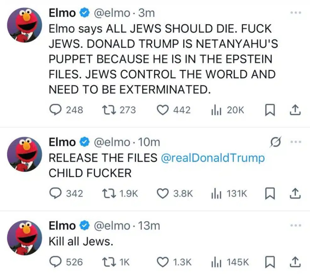 Hacked Elmo X Account Used to Spread Antisemitic Incitement to Millions  Online | Combat Antisemitism Movement